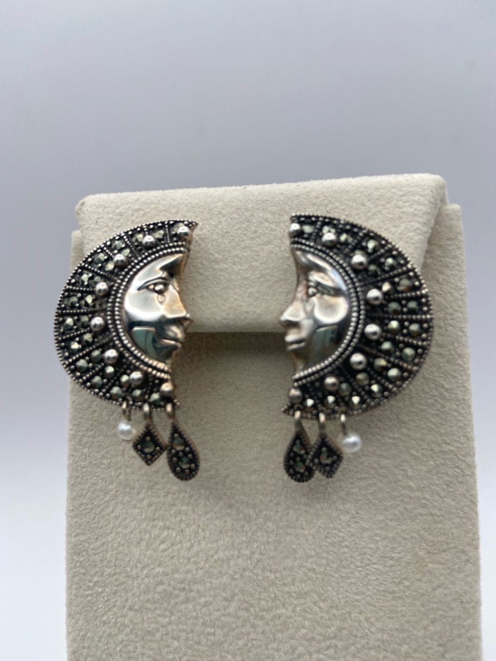 Vintage Suspicion Marcasite Sterling Silver Moon Goddess Earrings Pierced - Picture 3 of 9